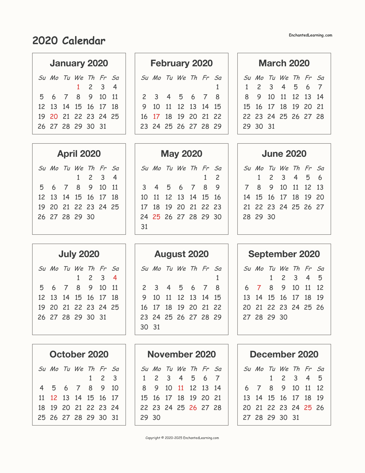 2020 Calendar interactive printout page 1