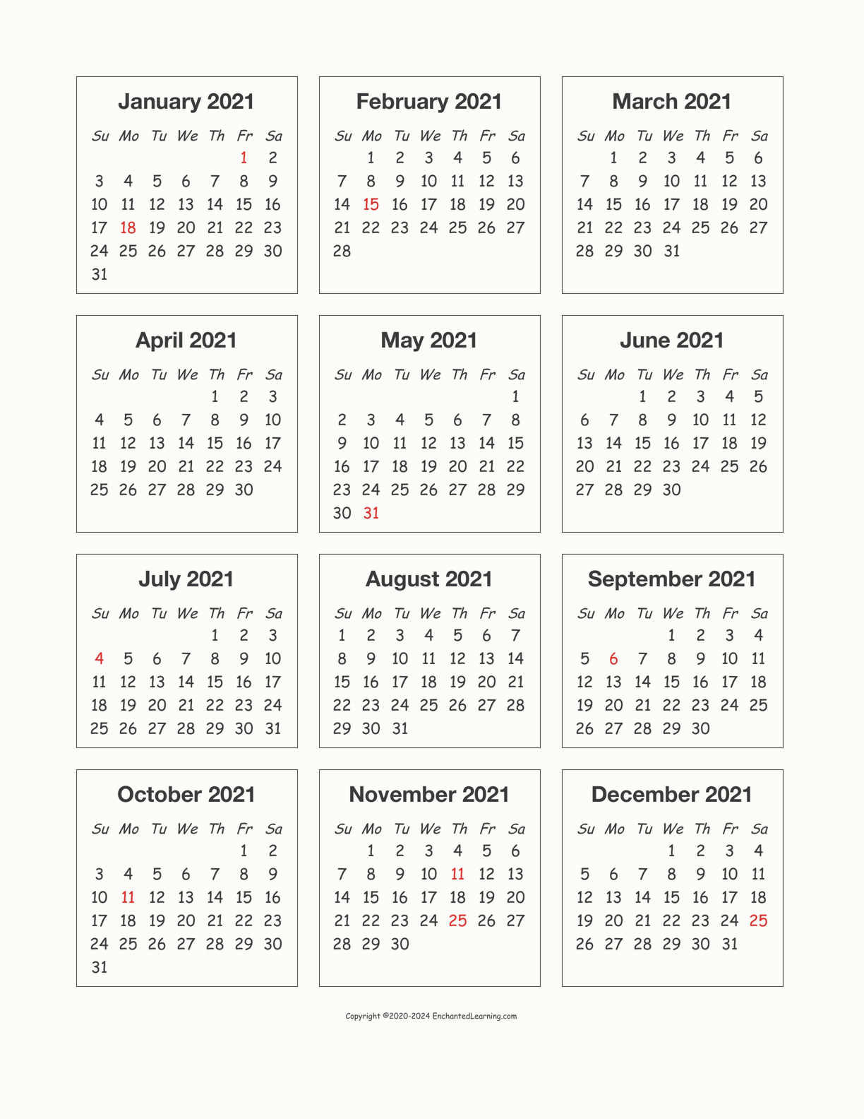 2021 Calendar interactive printout page 1