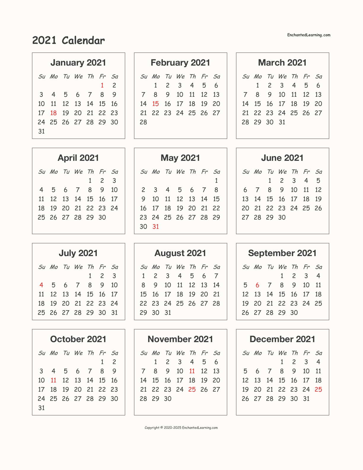 2021 Calendar interactive printout page 1