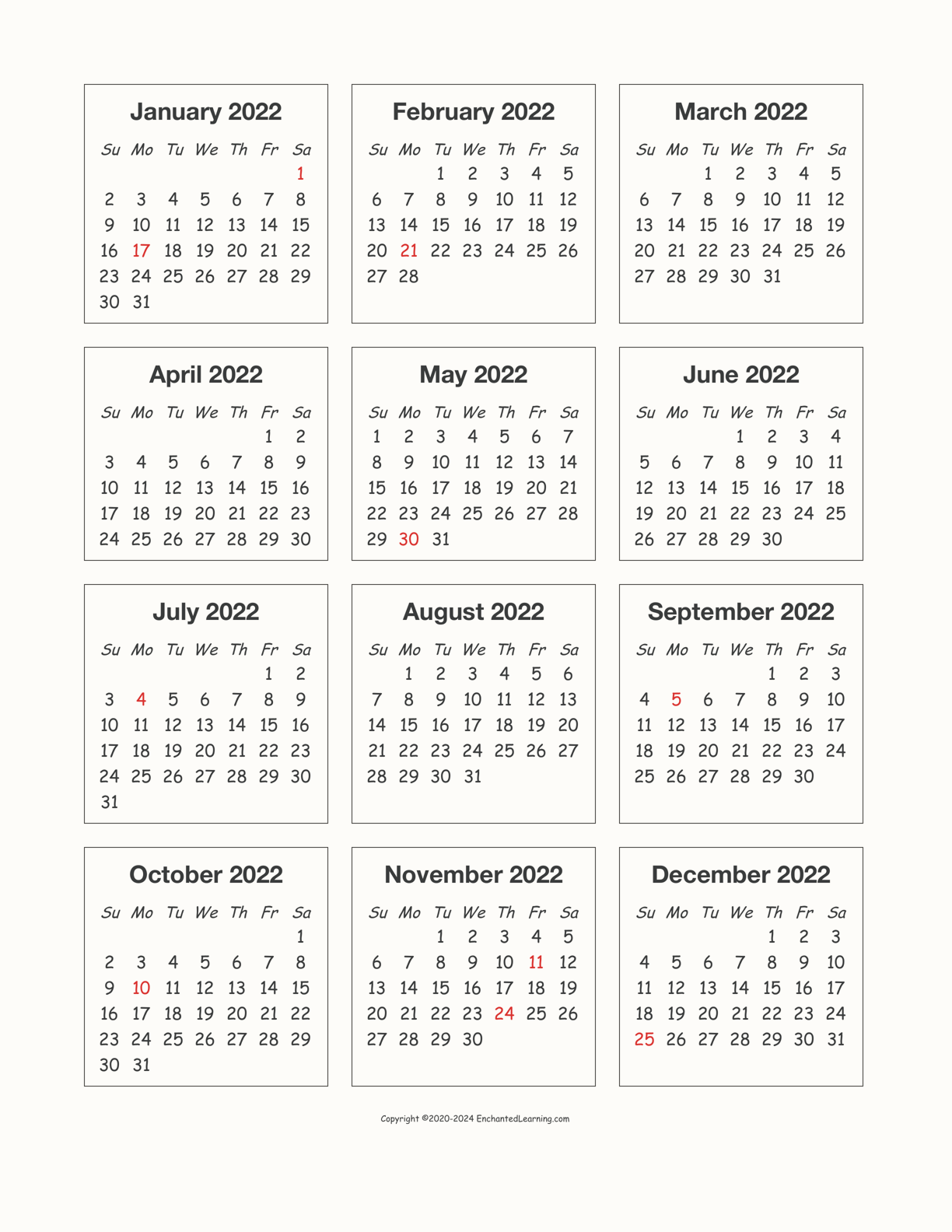 2022 Calendar interactive printout page 1