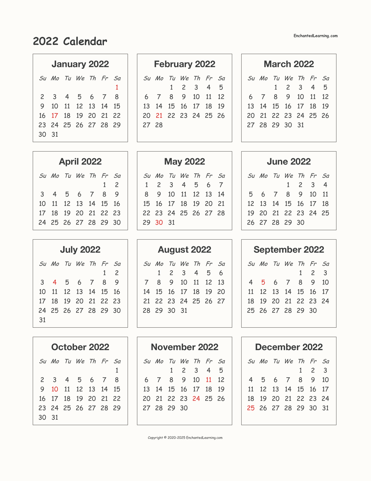 2022 Calendar interactive printout page 1