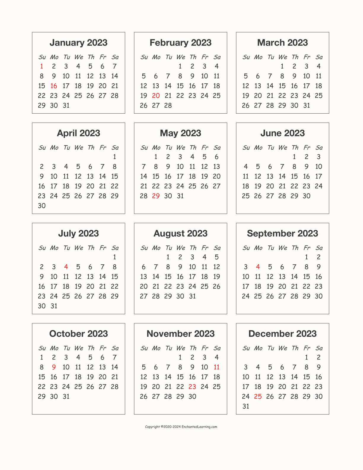 2023 Calendar interactive printout page 1