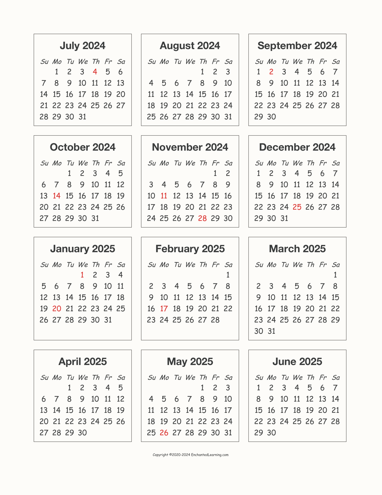 2024-2025 Calendar interactive printout page 1