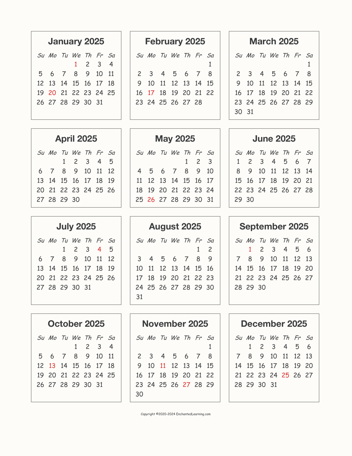 2025 OnePage Calendar Enchanted Learning