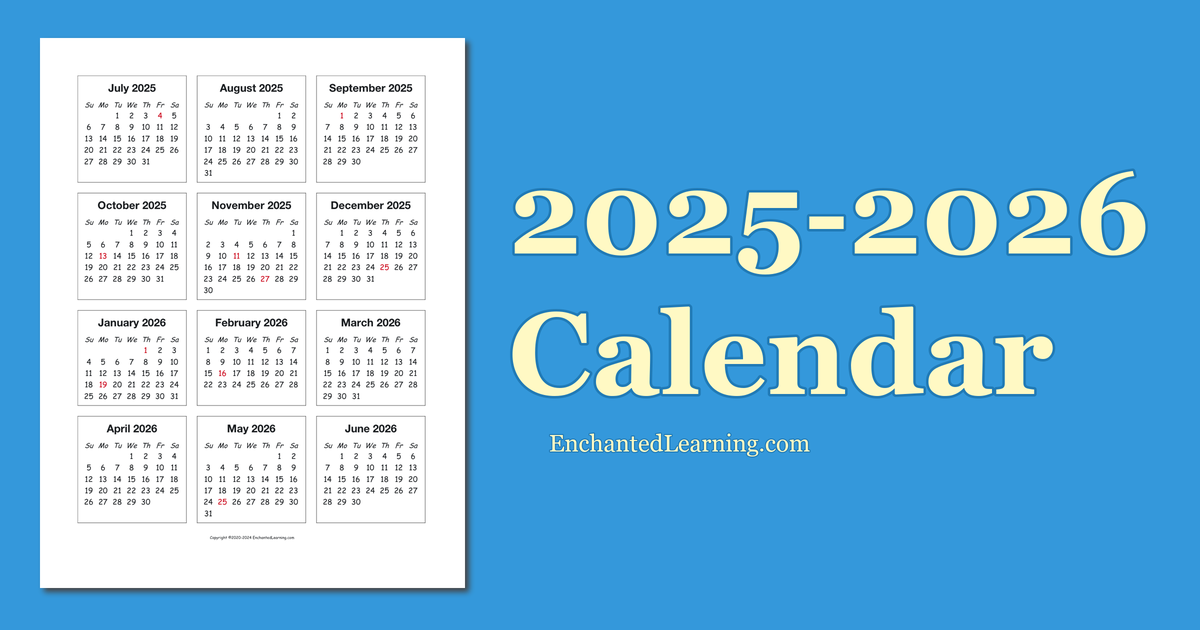 2025 2026 School Year One Page Calendar Enchanted Learning