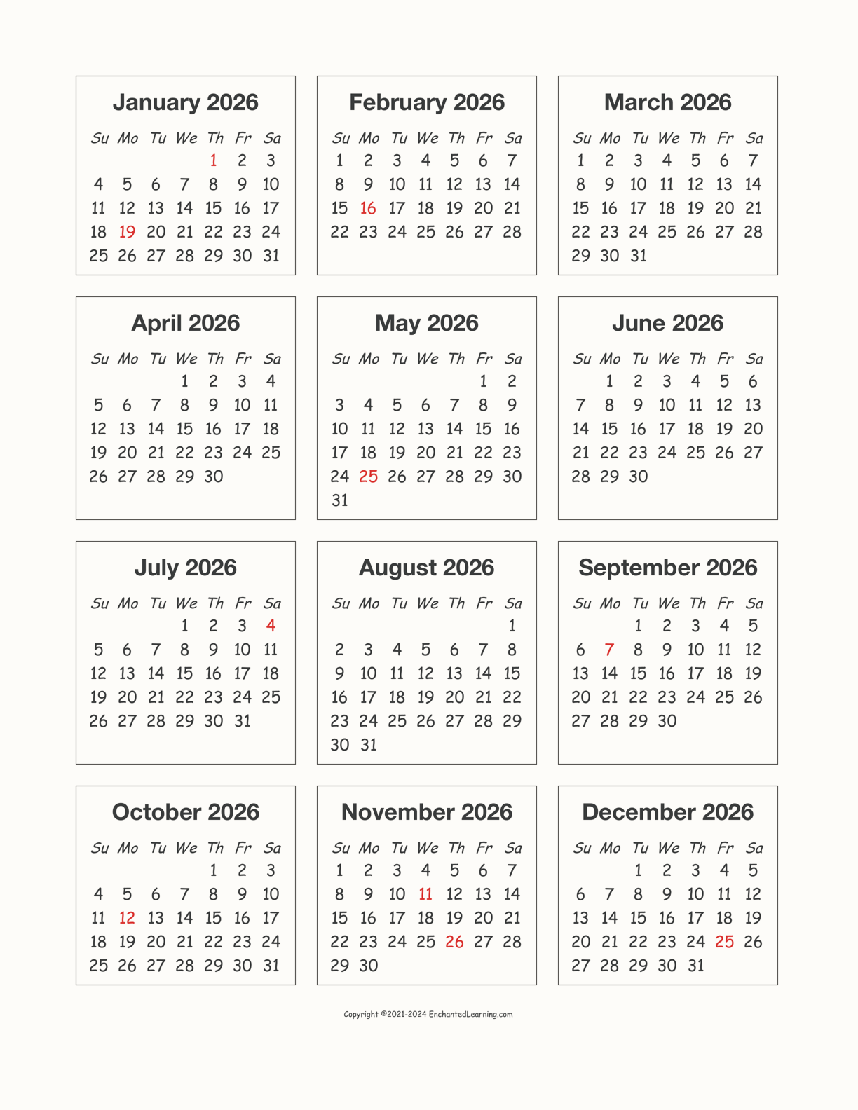 2026 Calendar interactive printout page 1