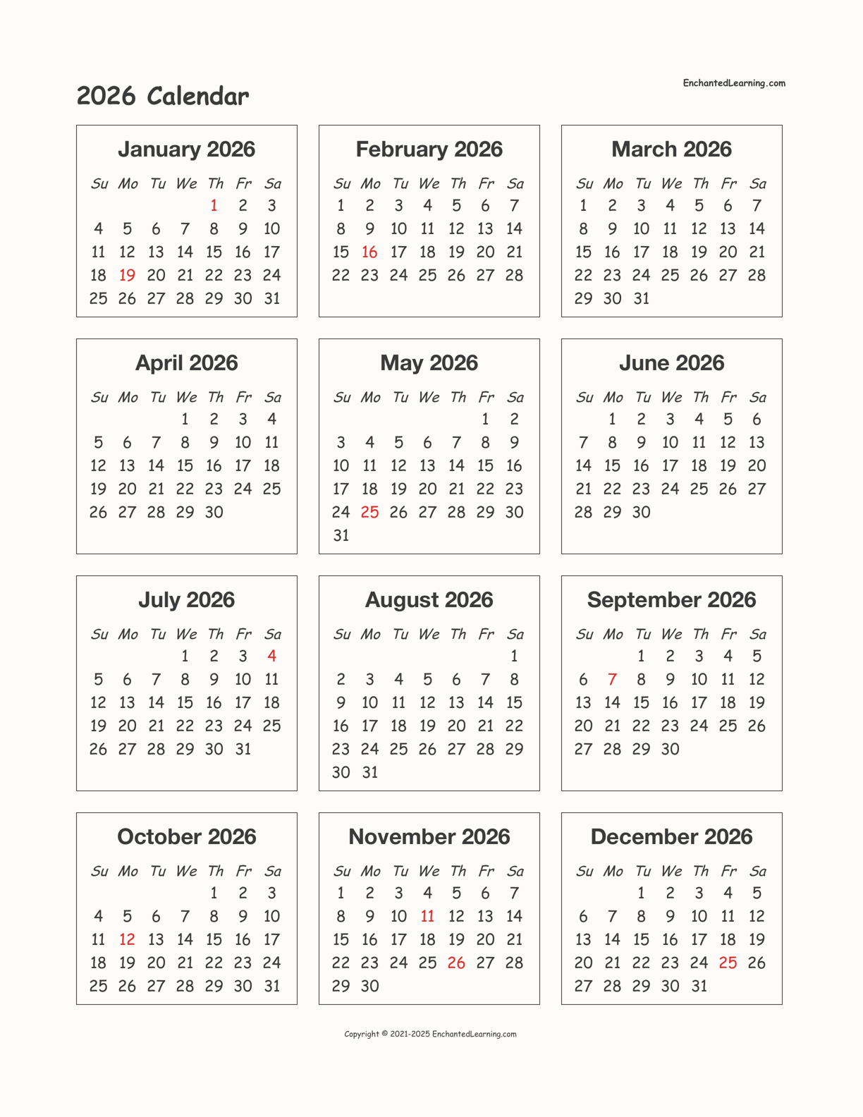 2026 Calendar interactive printout page 1