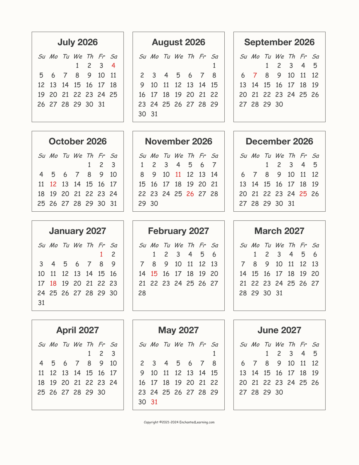 2026-2027 Calendar interactive printout page 1