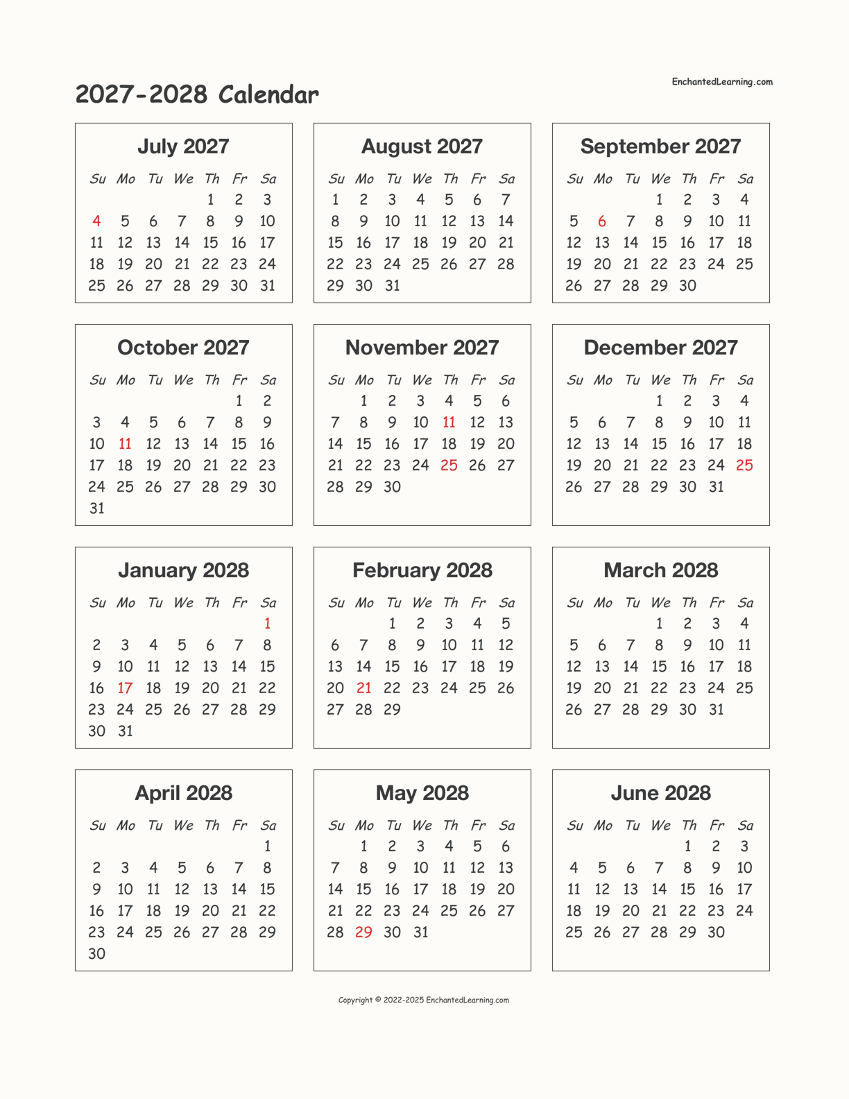 2027-2028 Calendar interactive printout page 1