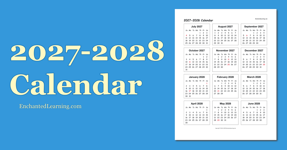 20272028 SchoolYear OnePage Calendar Enchanted Learning