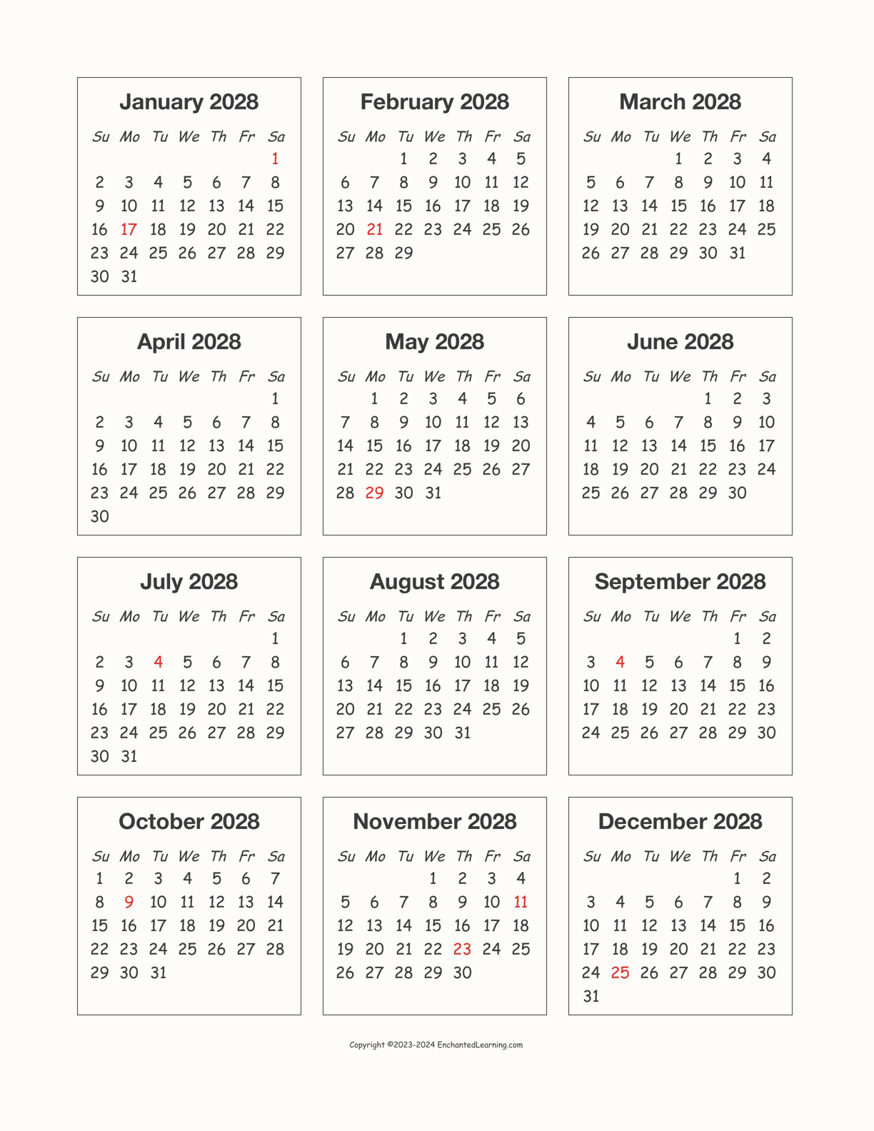 2028 Calendar interactive printout page 1