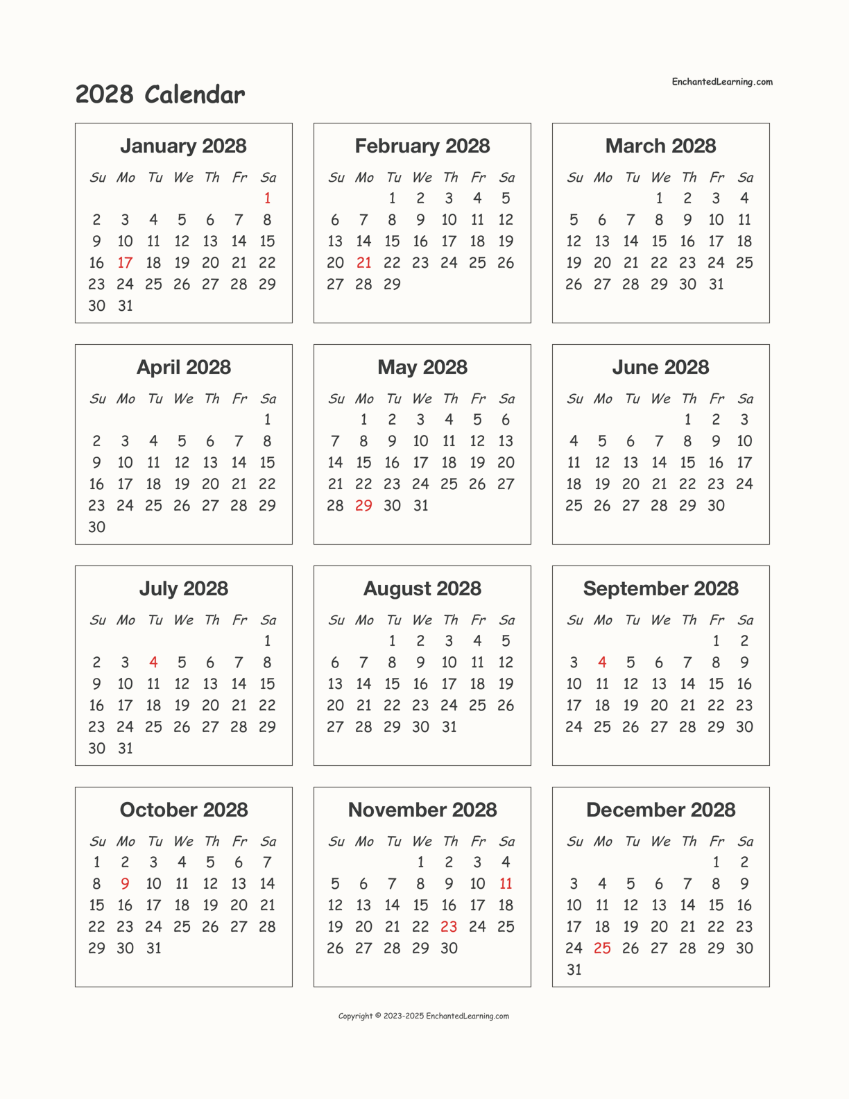 2028 Calendar interactive printout page 1