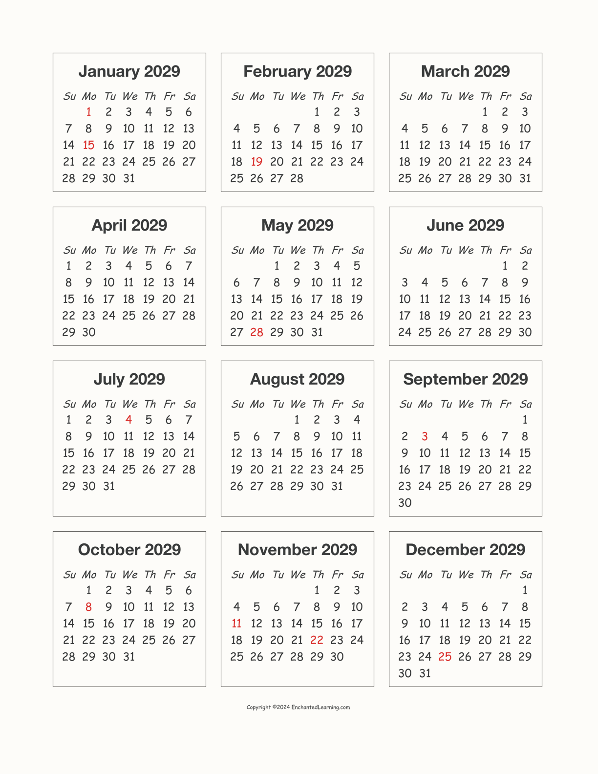 2029 Calendar interactive printout page 1