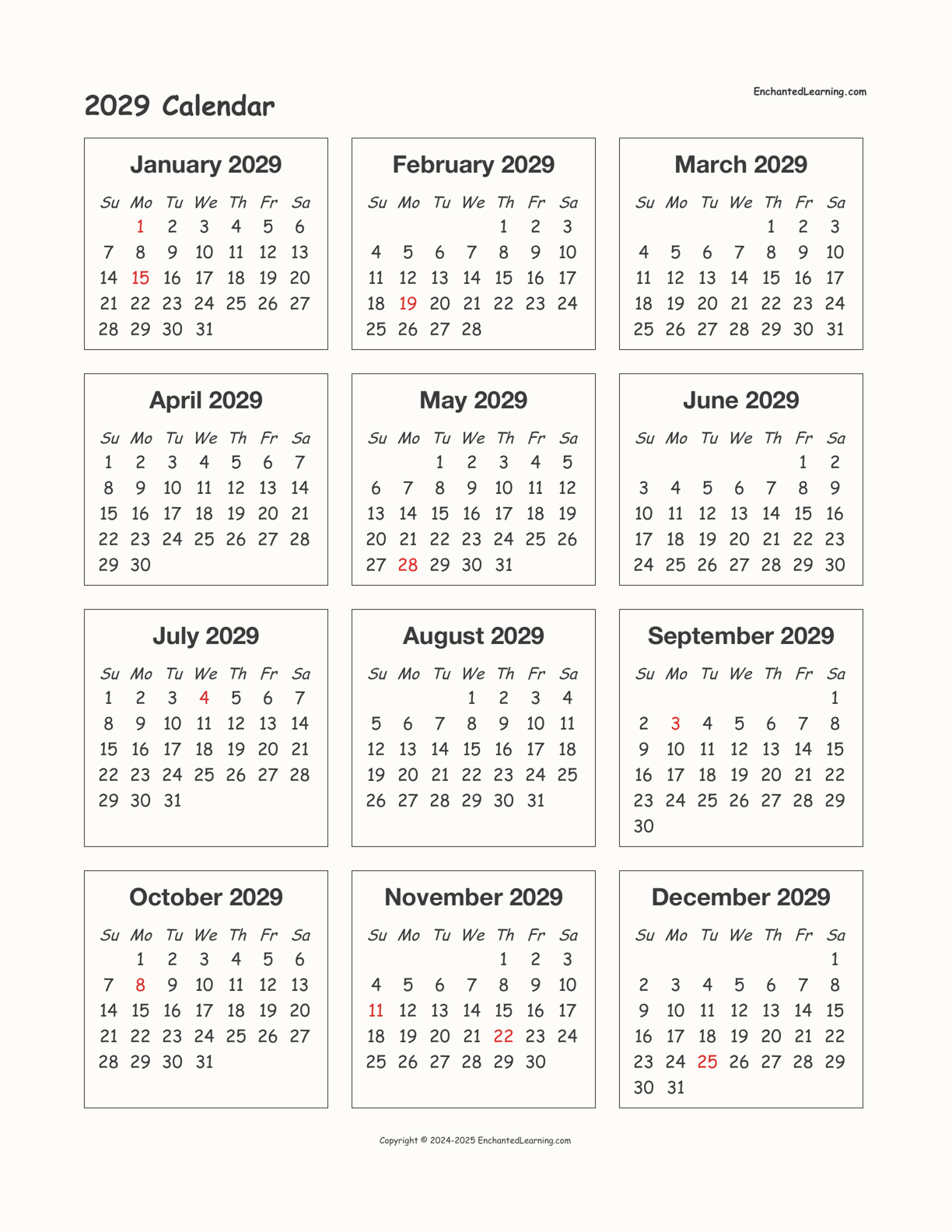 2029 Calendar interactive printout page 1