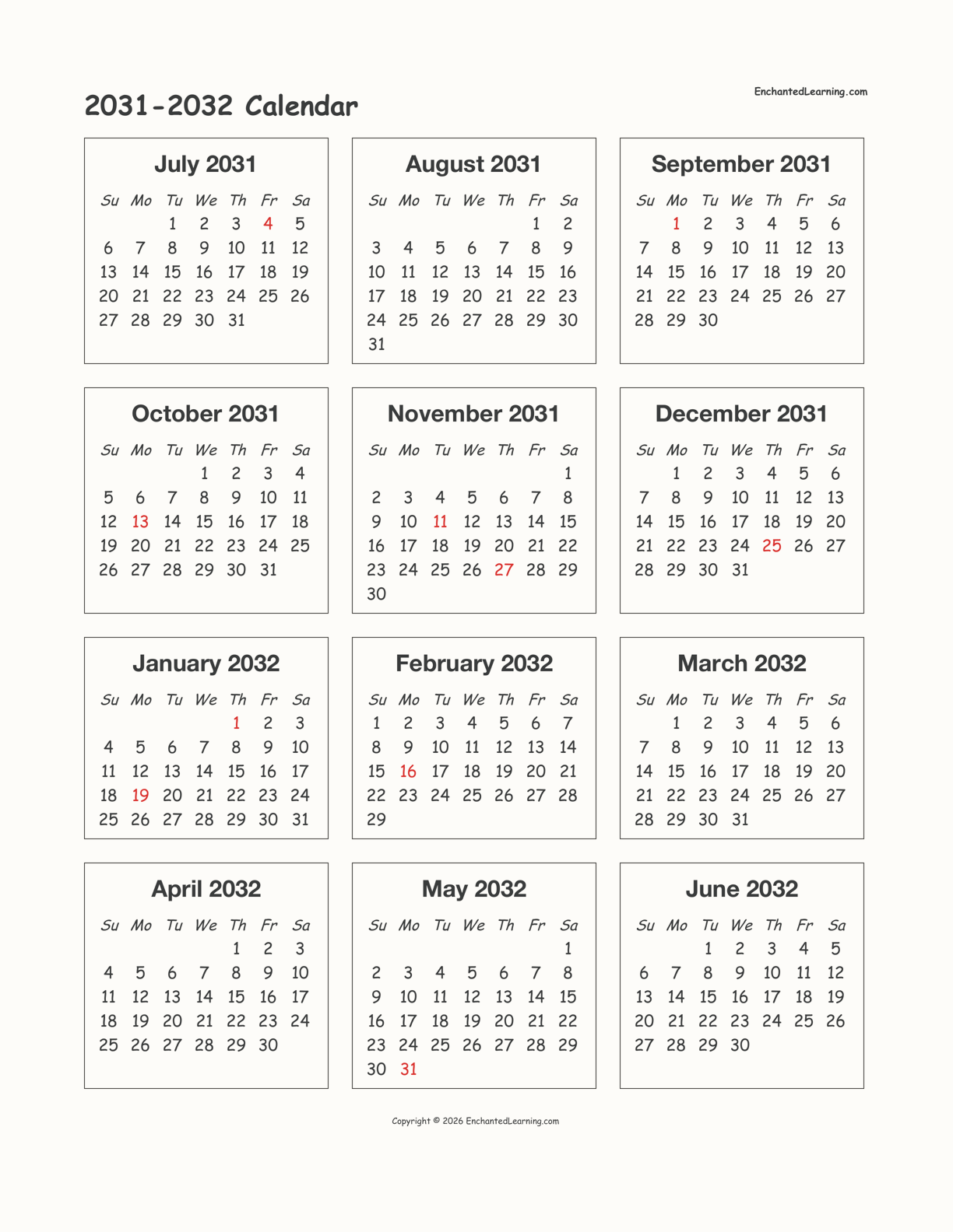 2031-2032 Calendar interactive printout page 1