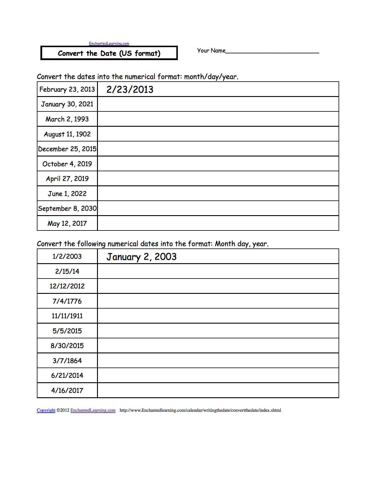 Writing a Date (US format) - EnchantedLearning.com