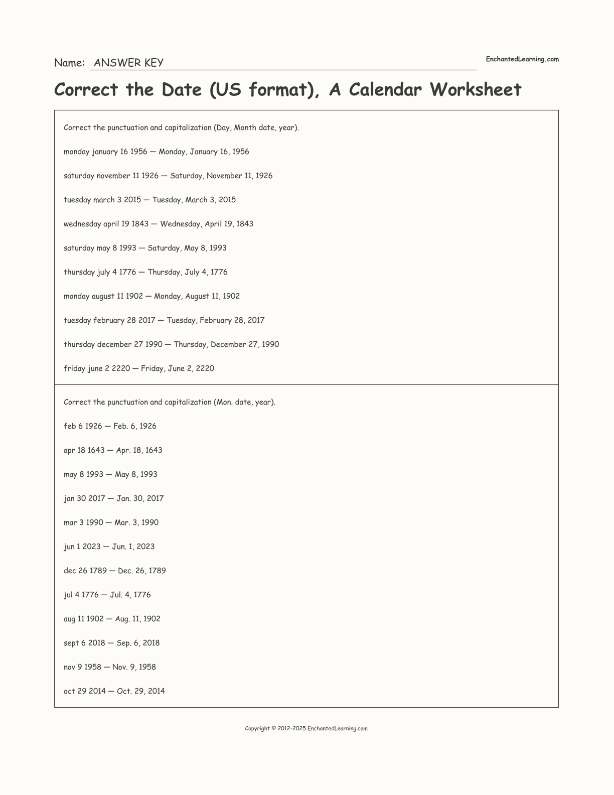 Correct the Date (US format), A Calendar Worksheet interactive worksheet page 2