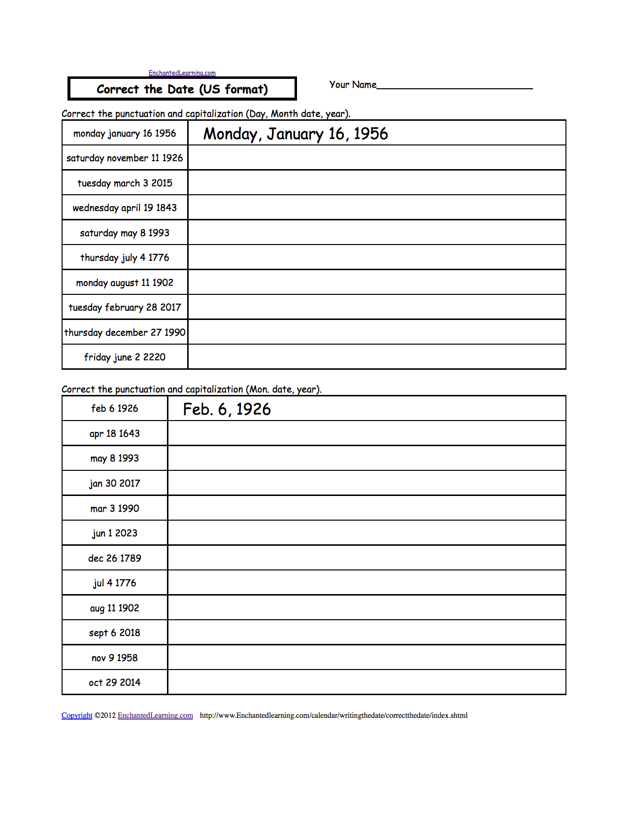 Writing a Date (US format) - EnchantedLearning.com