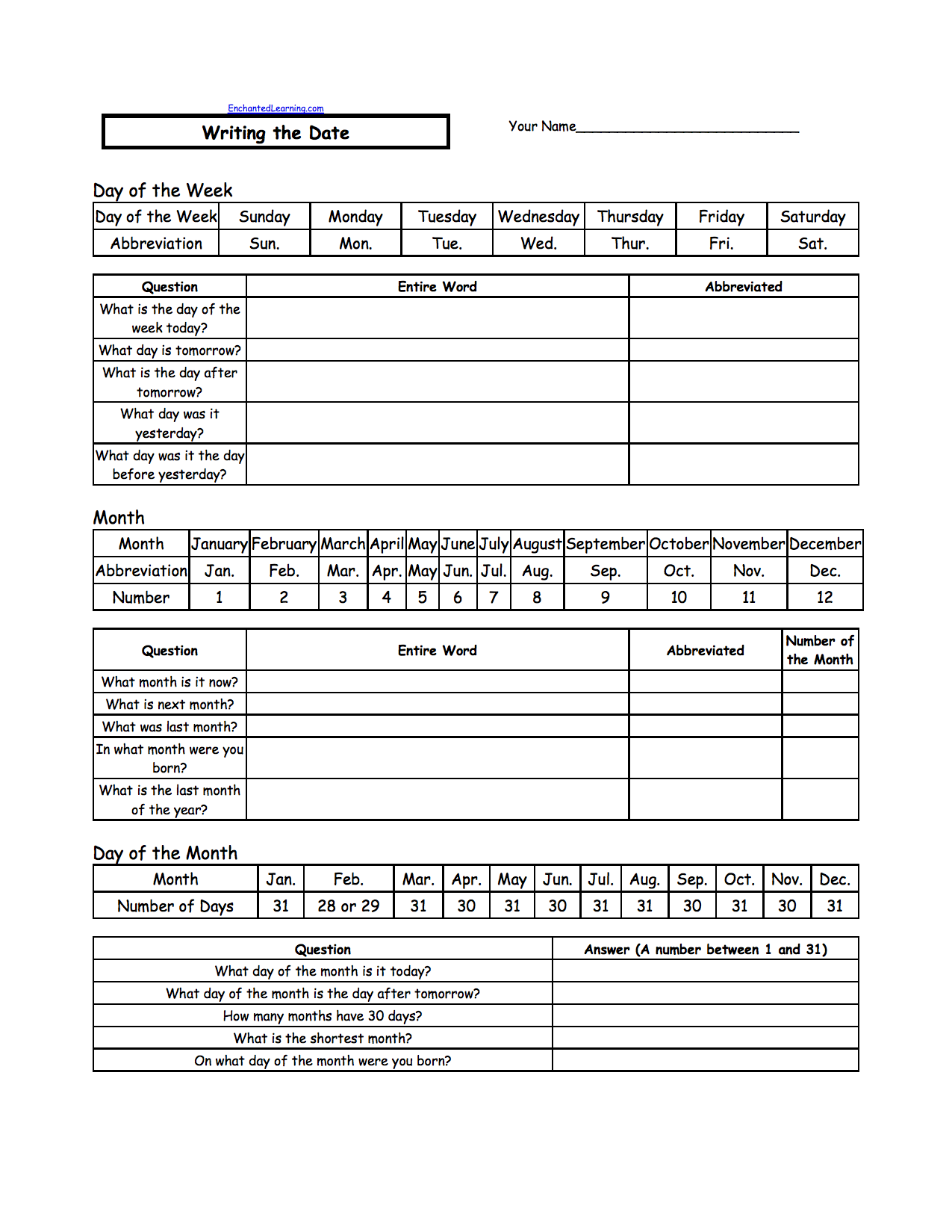 Writing a Date (US format) - EnchantedLearning.com