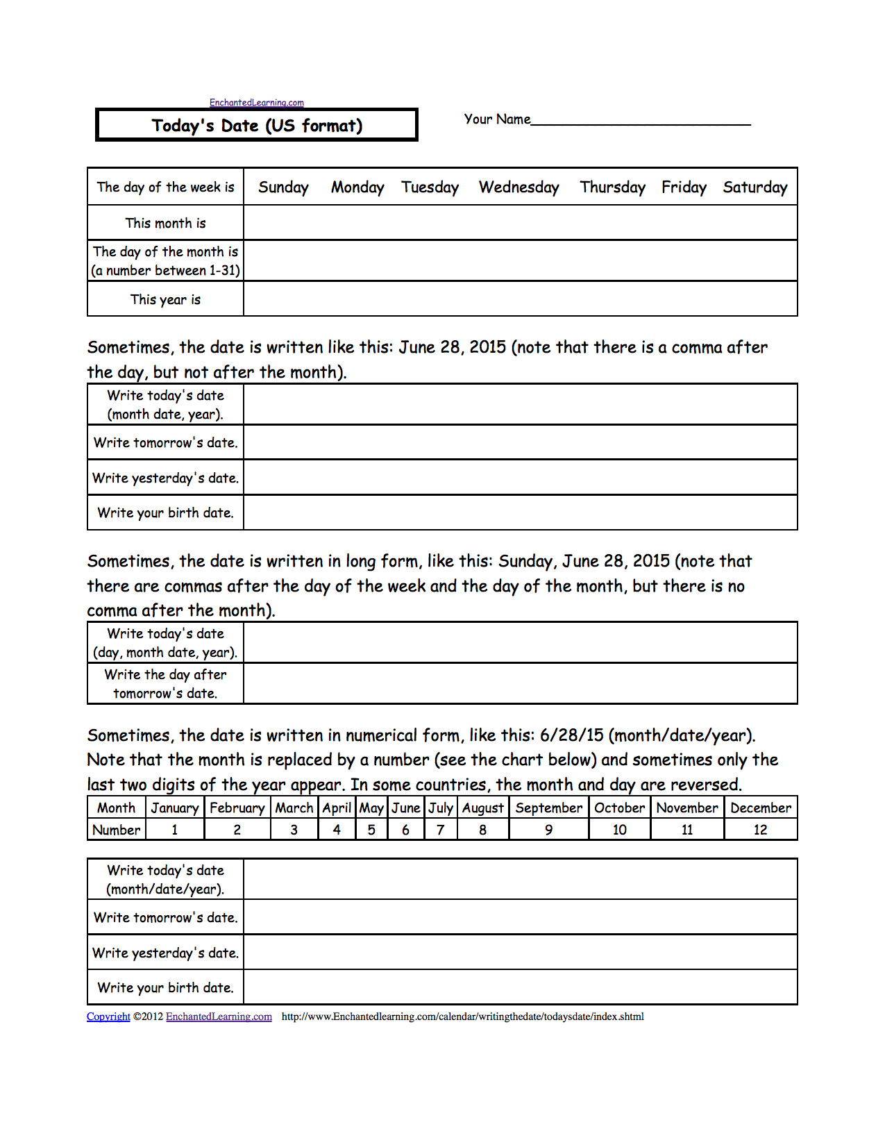 Writing a Date (US format) - EnchantedLearning.com