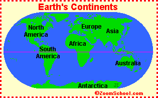 Earth map with continents labeled