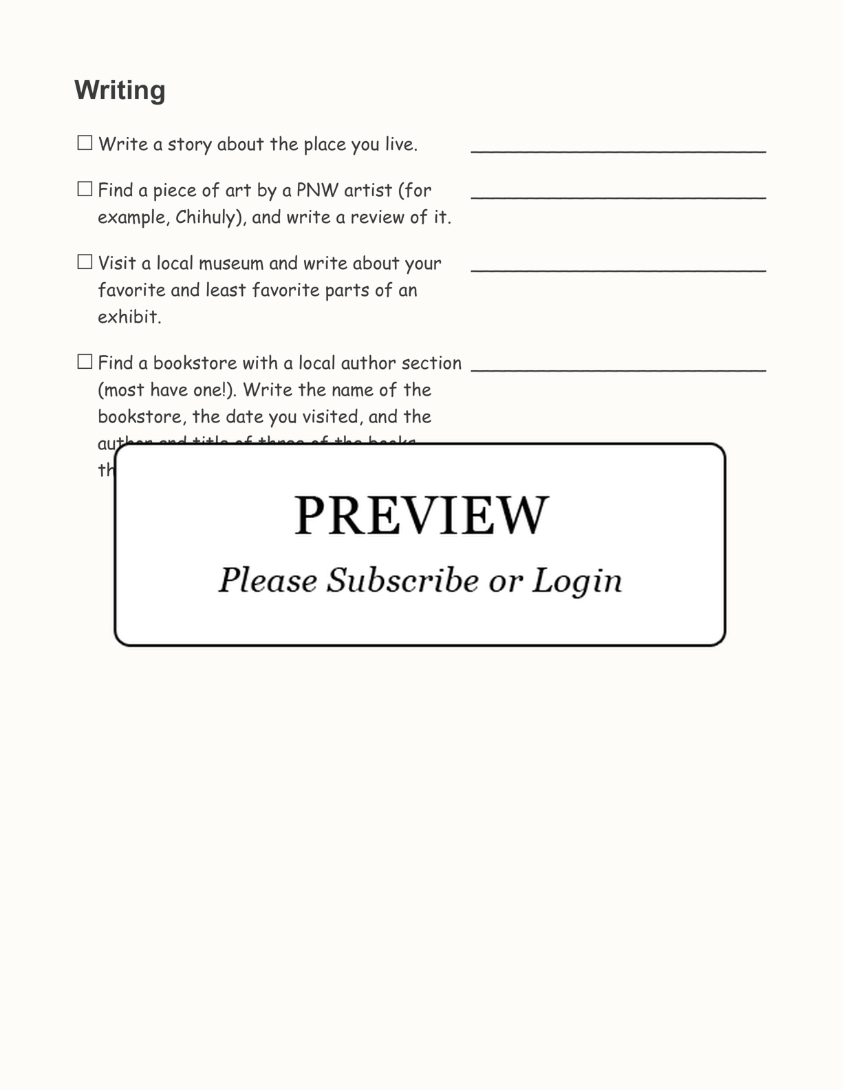 Pacific Northwest (PNW) Reading and Writing Challenge interactive printout page 2