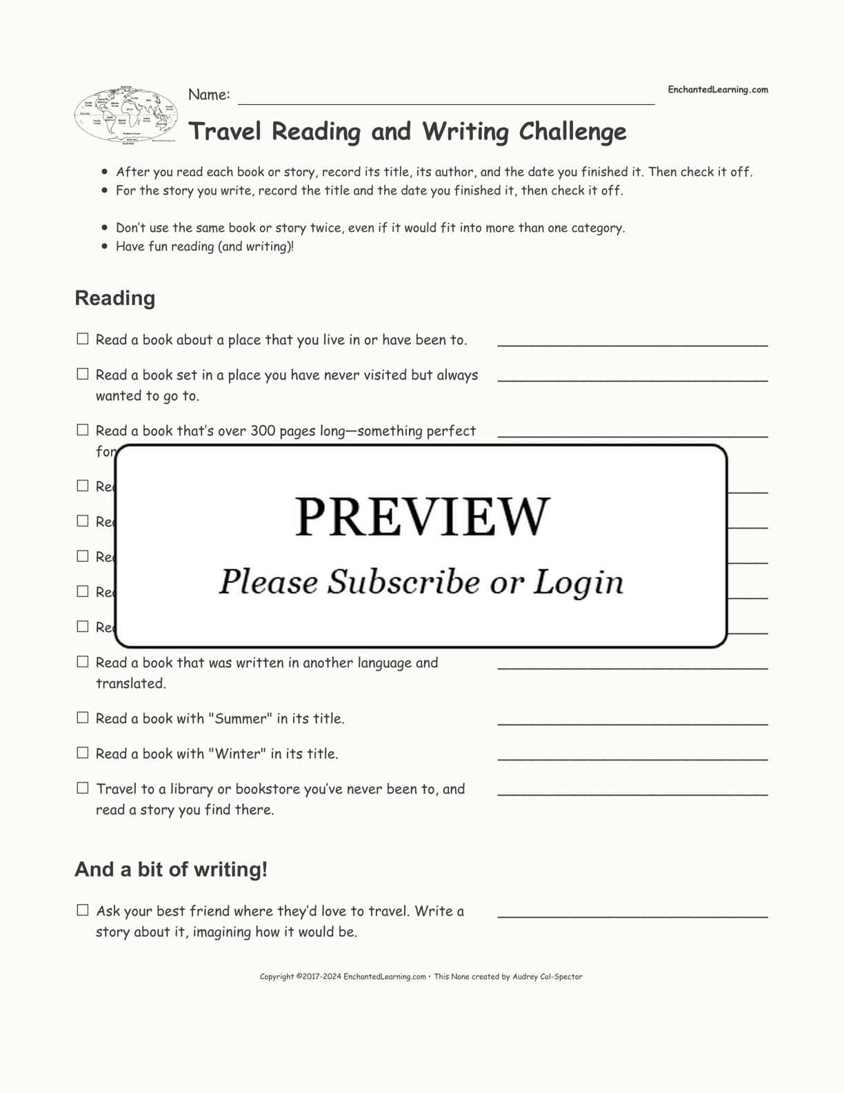 Travel Reading and Writing Challenge interactive printout page 1