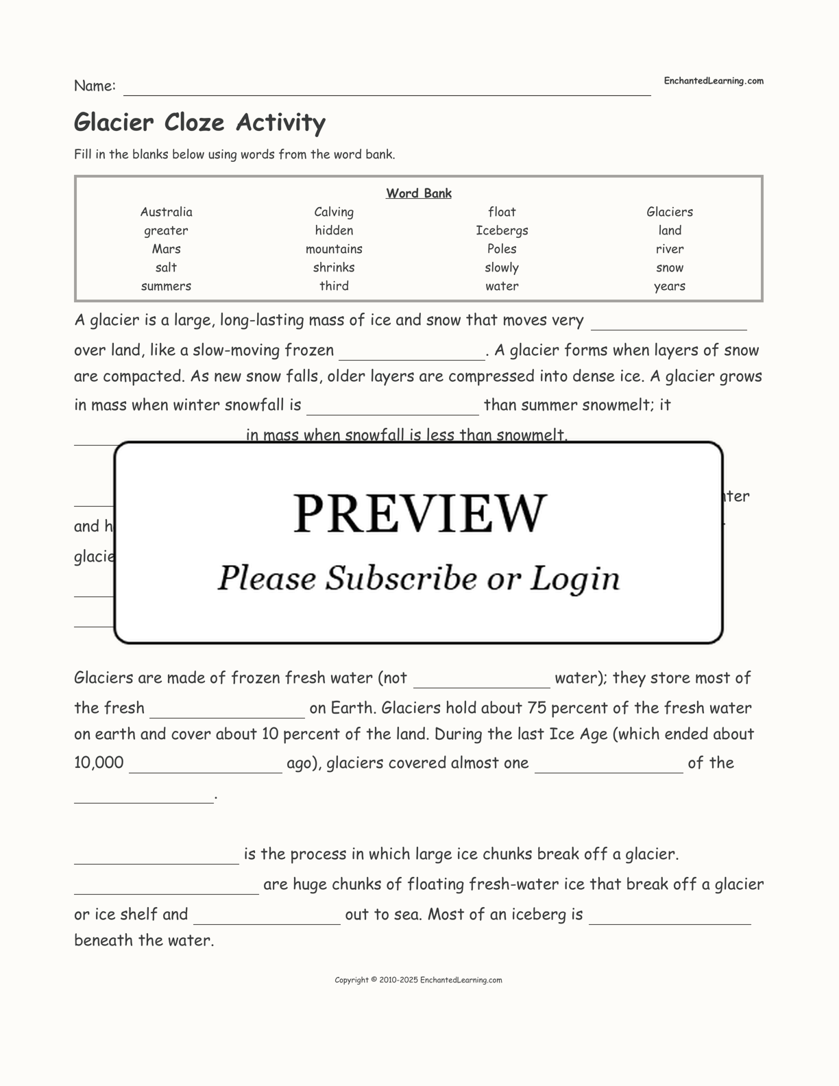 Glacier Cloze Activity interactive worksheet page 1