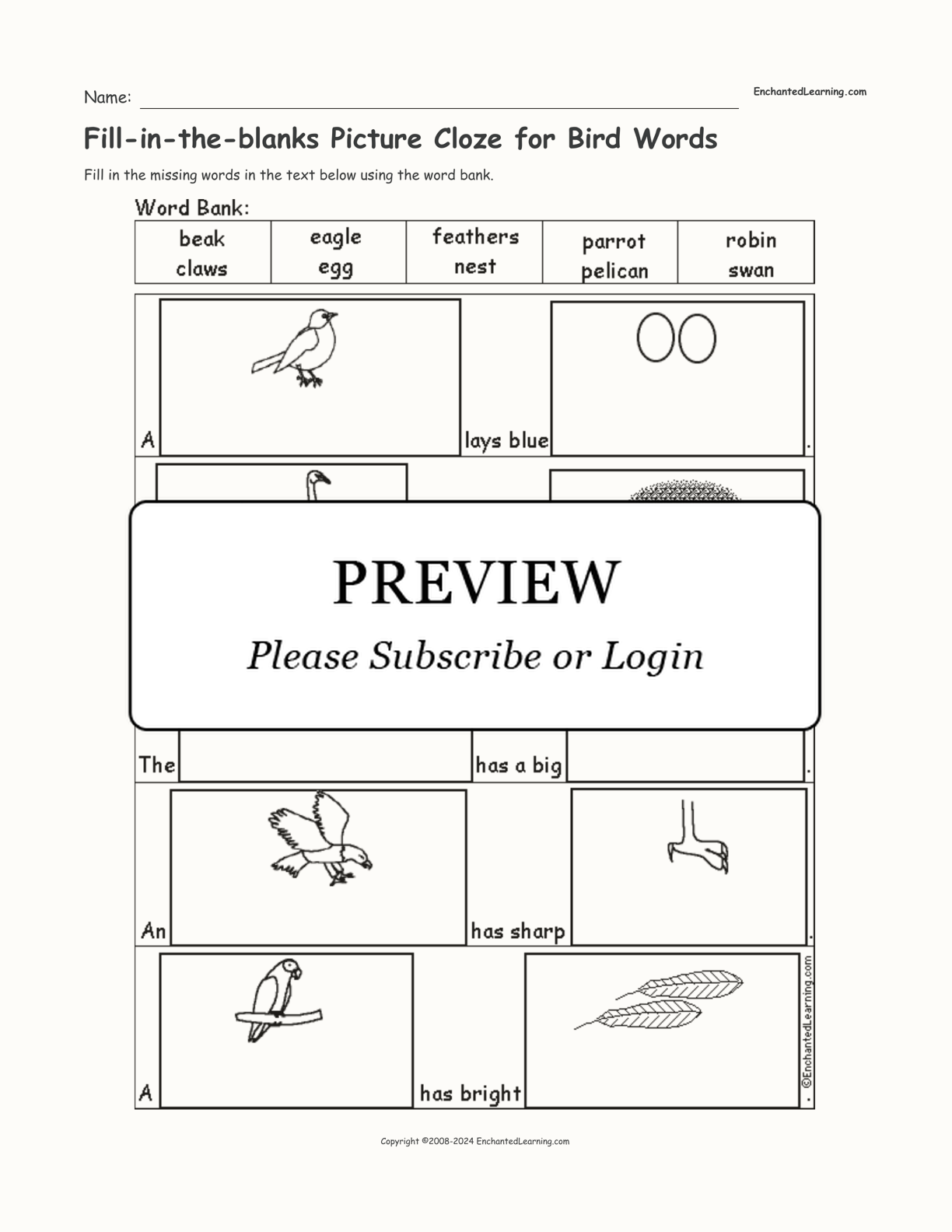Fill-in-the-blanks Picture Cloze for Bird Words interactive worksheet page 1