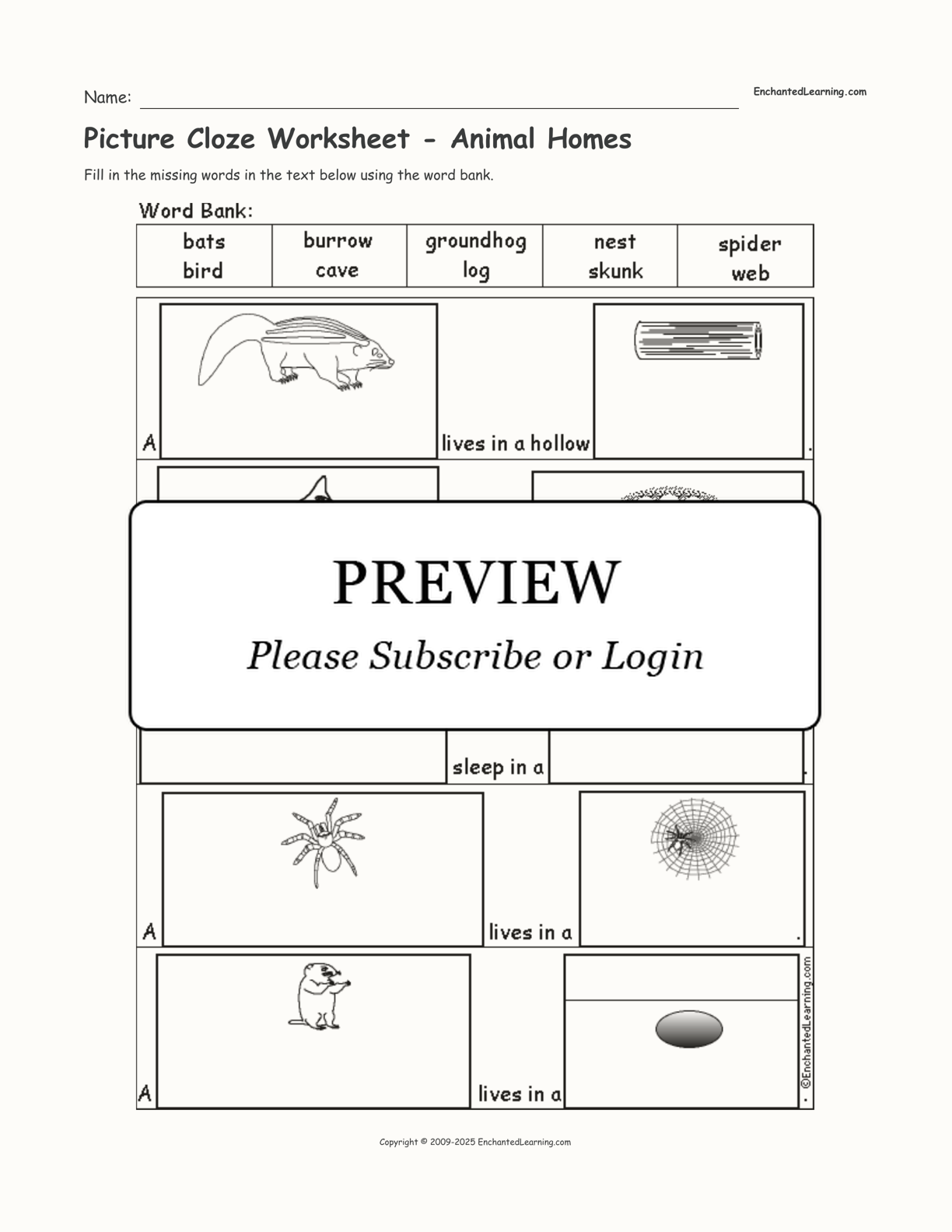 Picture Cloze Worksheet - Animal Homes interactive worksheet page 1