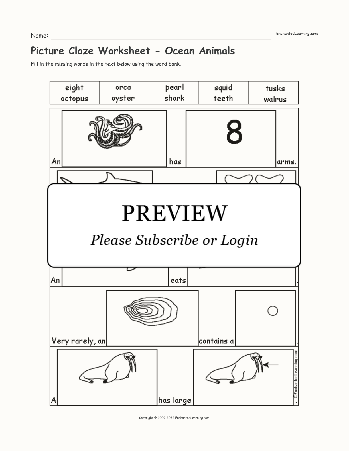 Picture Cloze Worksheet - Ocean Animals interactive worksheet page 1