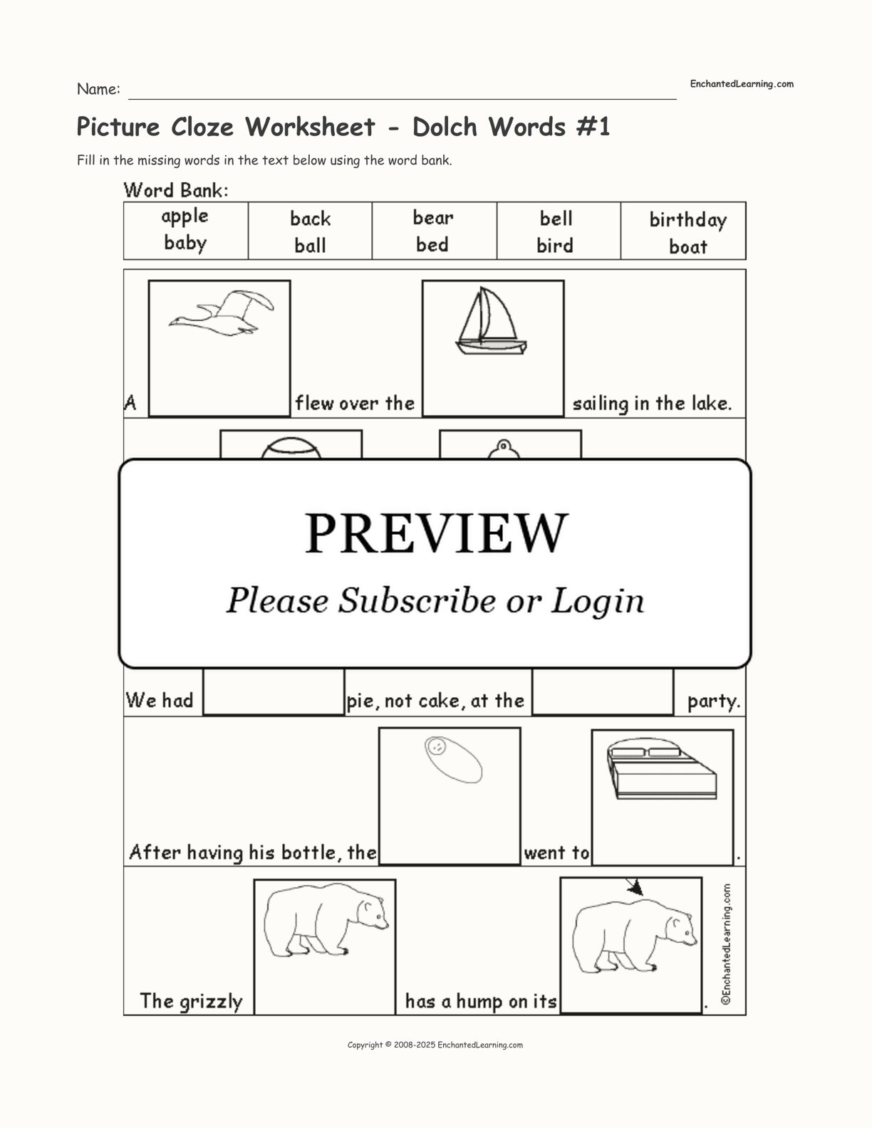 Picture Cloze Worksheet - Dolch Words #1 interactive worksheet page 1