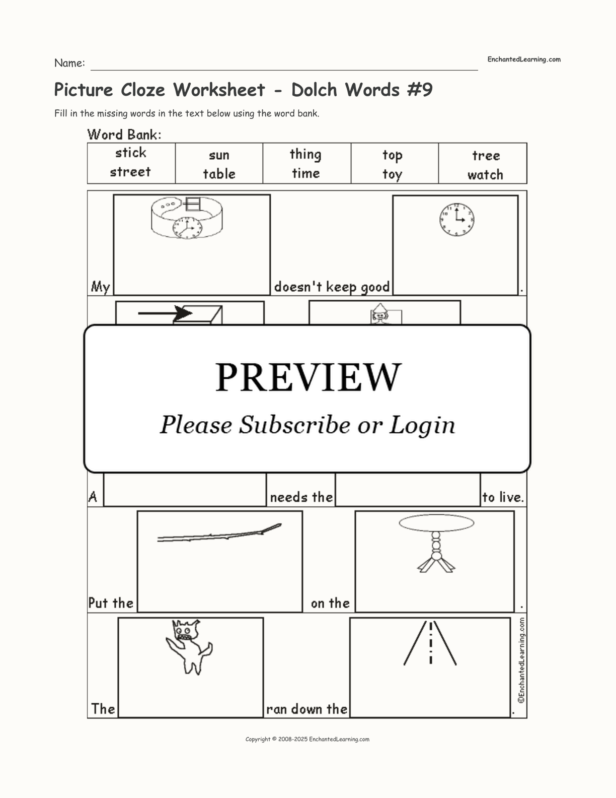 Picture Cloze Worksheet - Dolch Words #9 interactive worksheet page 1