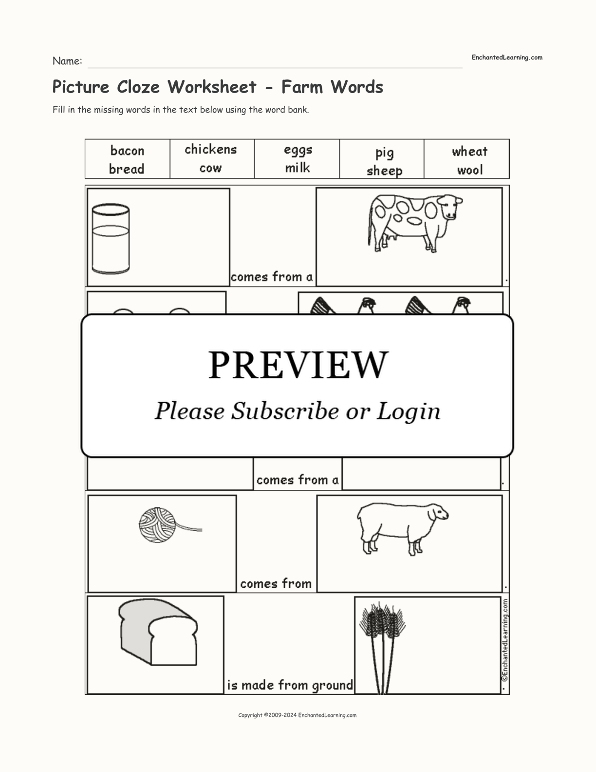 Picture Cloze Worksheet - Farm Words interactive worksheet page 1