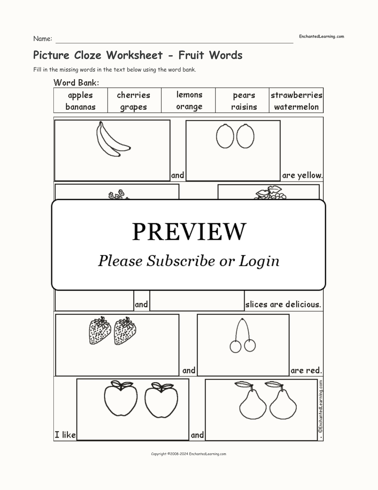 Picture Cloze Worksheet - Fruit Words interactive worksheet page 1
