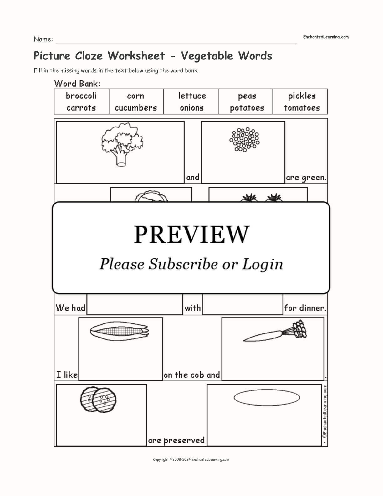 Picture Cloze Worksheet - Vegetable Words interactive worksheet page 1