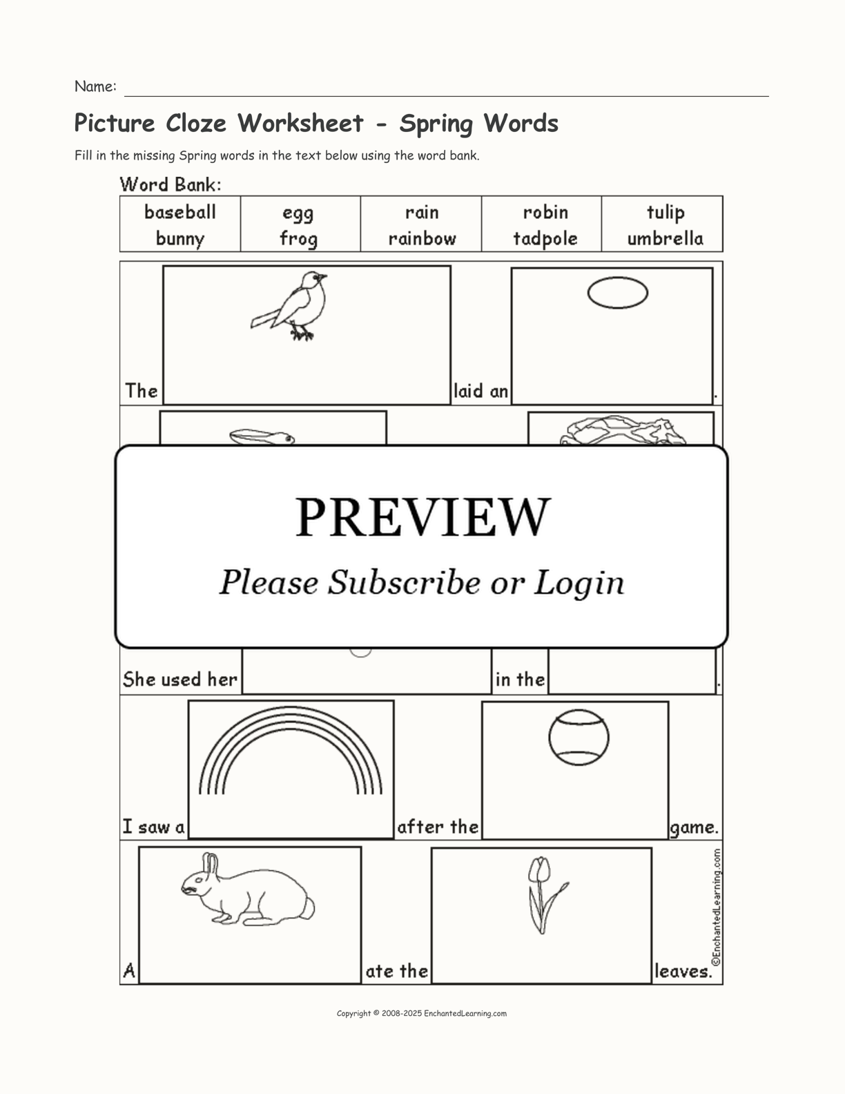 Picture Cloze Worksheet - Spring Words interactive worksheet page 1