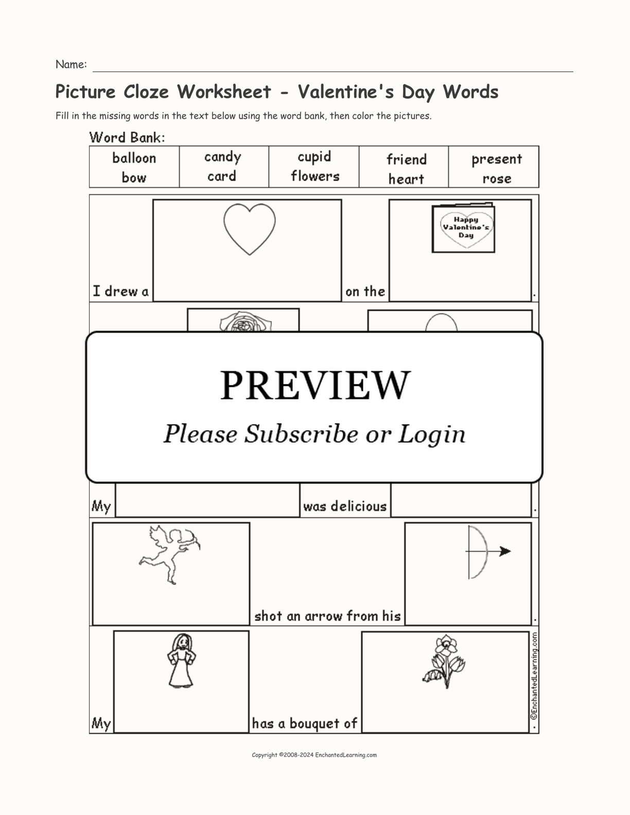 Picture Cloze Worksheet - Valentine's Day Words interactive worksheet page 1