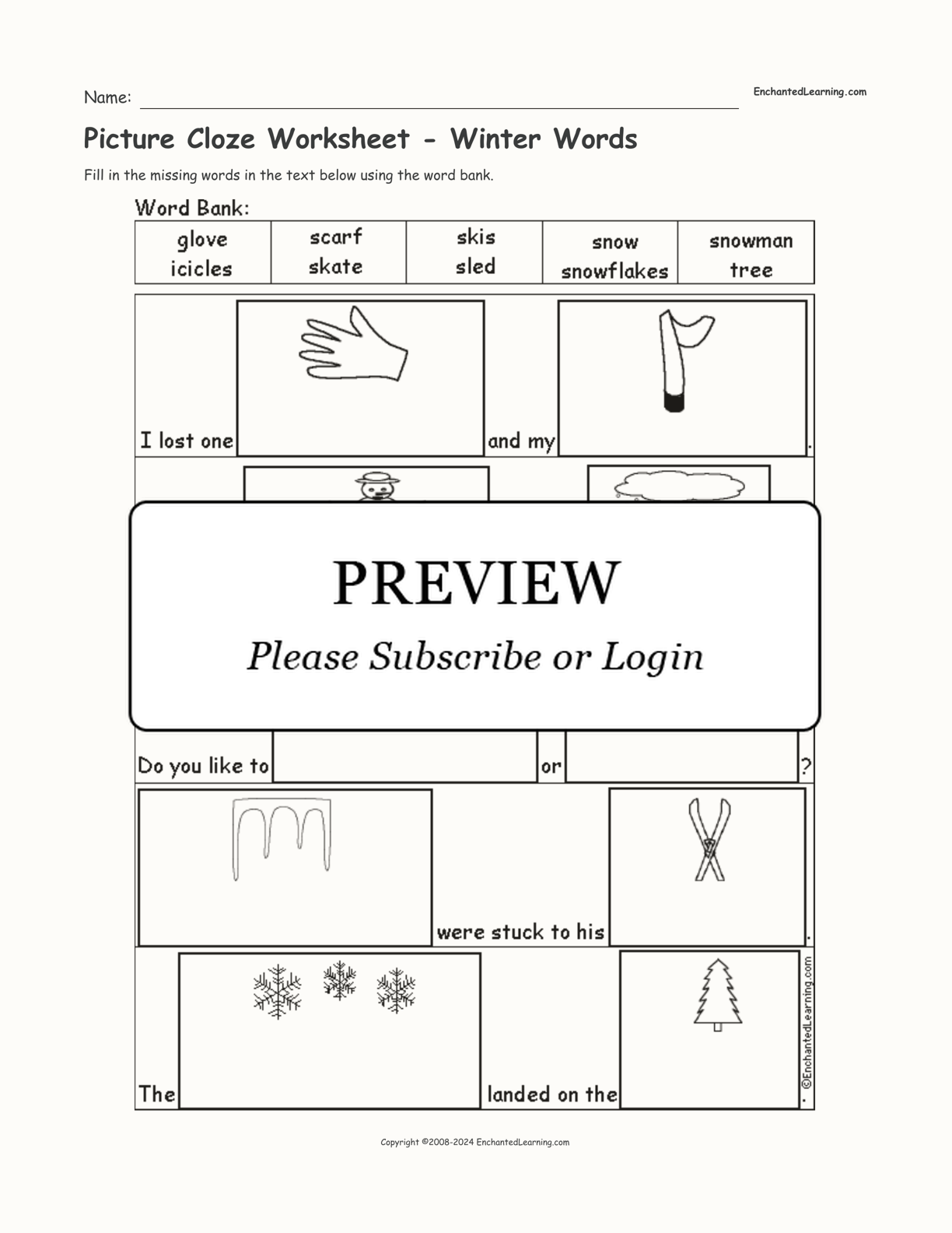 Picture Cloze Worksheet - Winter Words interactive worksheet page 1