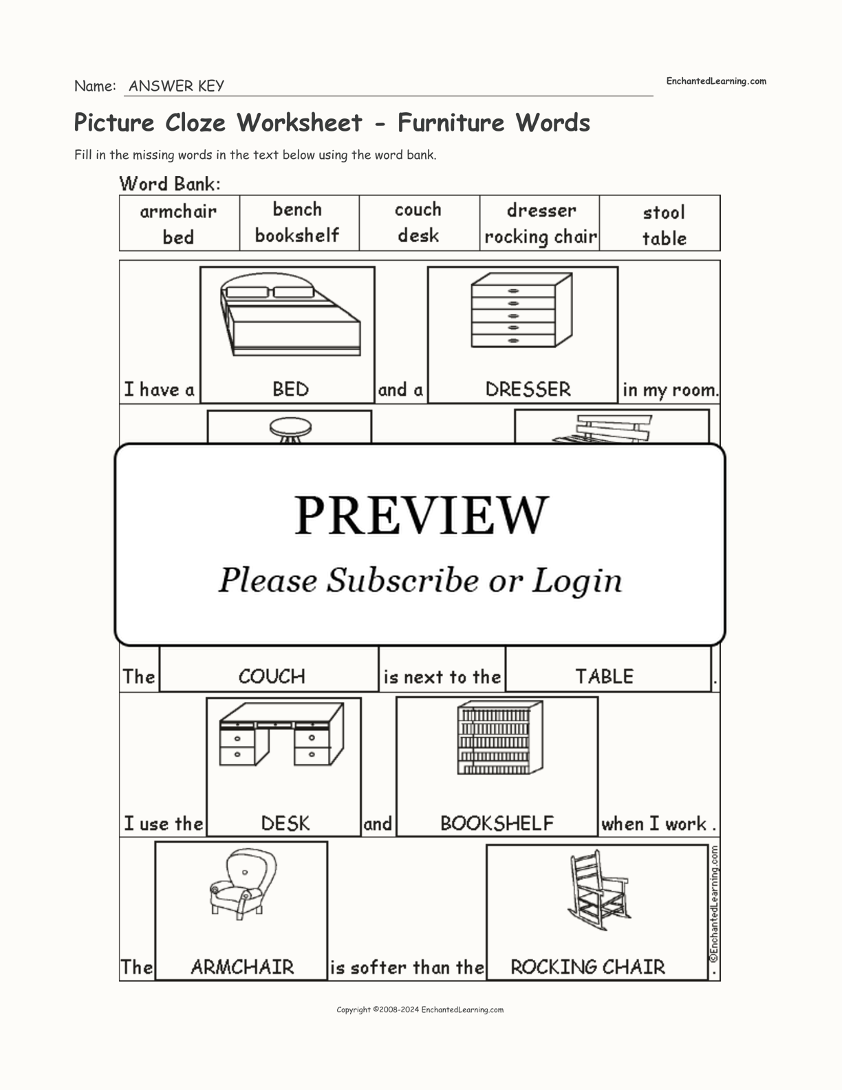 Picture Cloze Worksheet - Furniture Words interactive worksheet page 2
