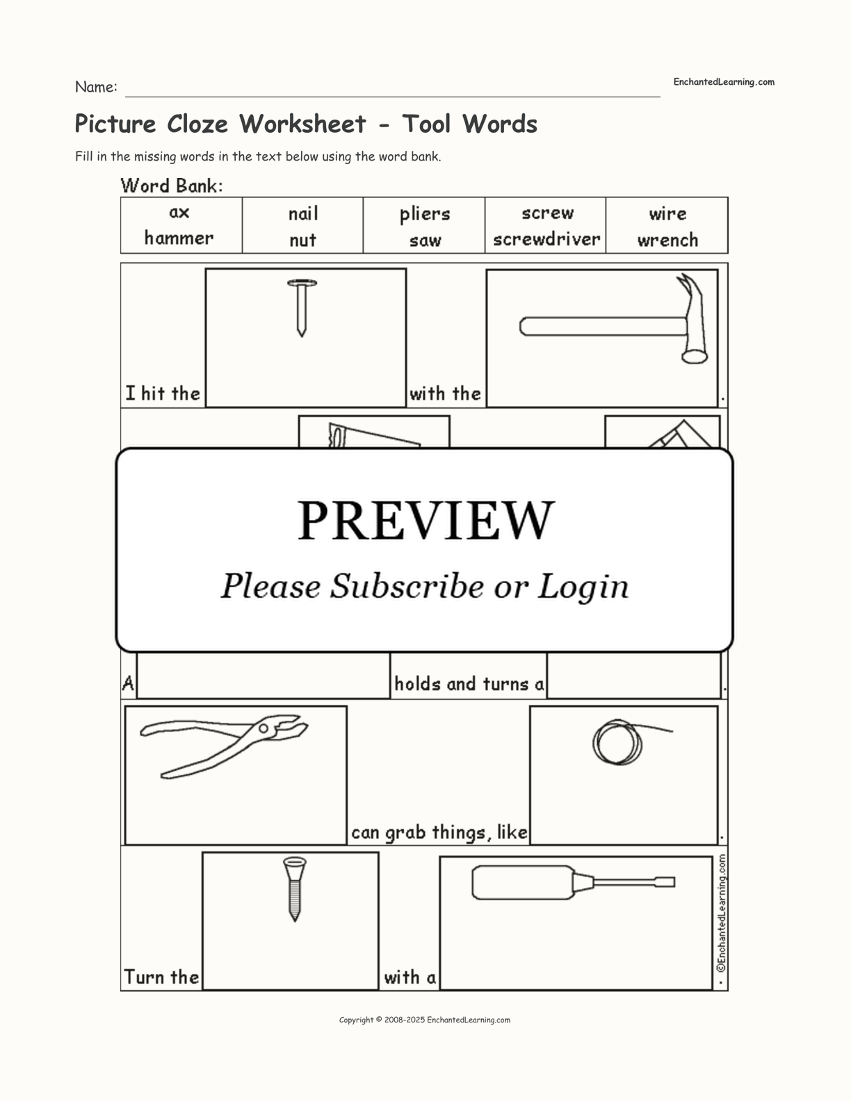 Picture Cloze Worksheet - Tool Words interactive worksheet page 1