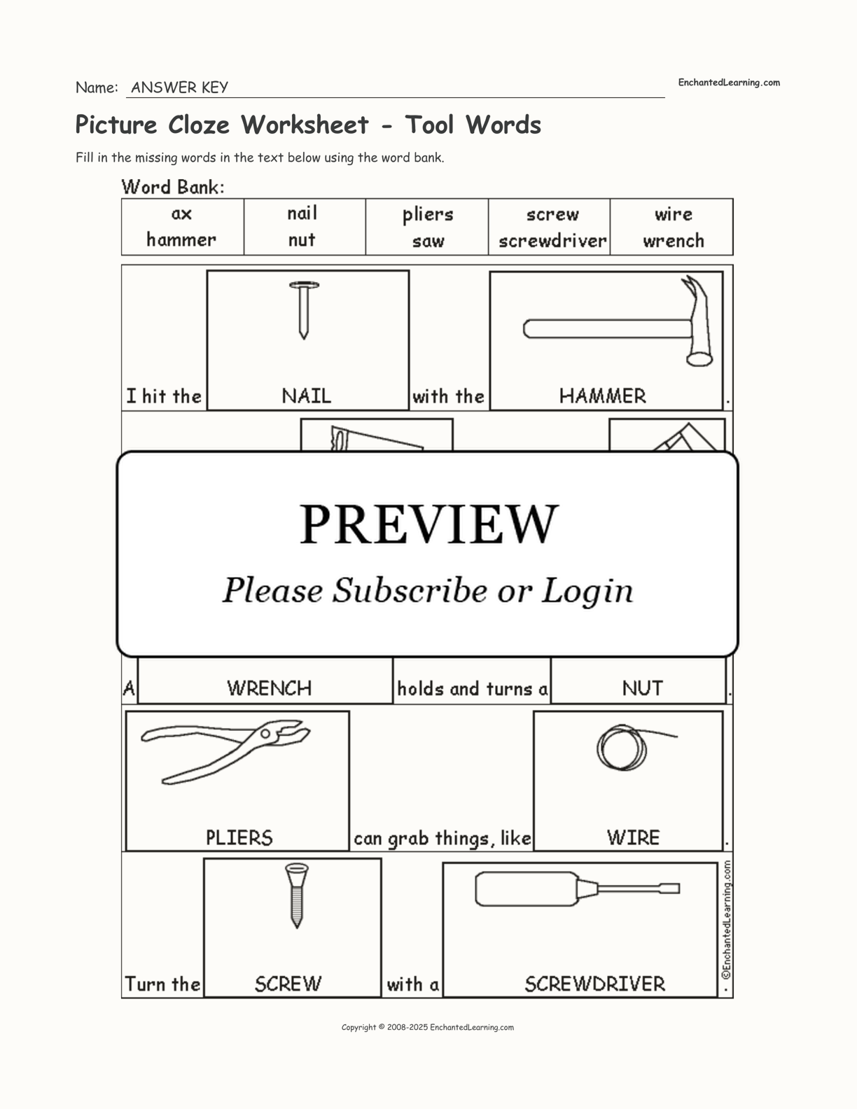 Picture Cloze Worksheet - Tool Words interactive worksheet page 2