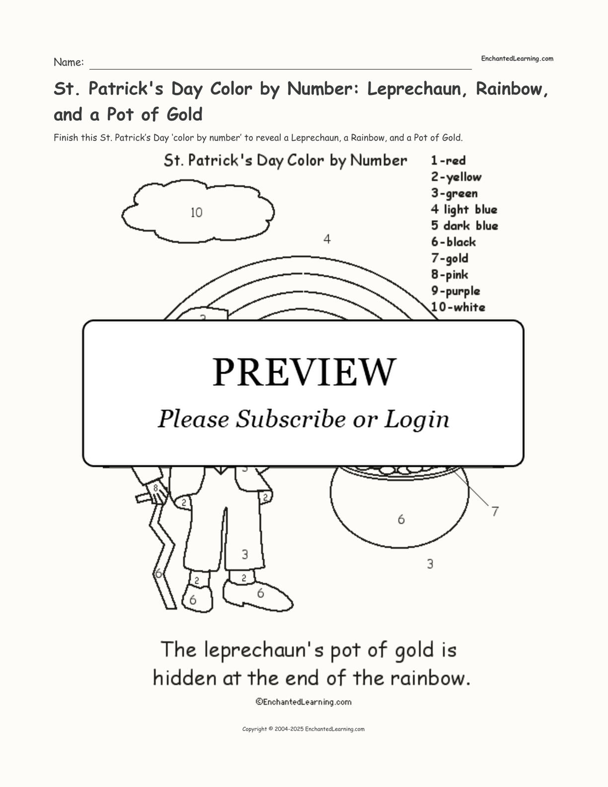 St. Patrick's Day Color by Number: Leprechaun, Rainbow, and a Pot of Gold interactive printout page 1