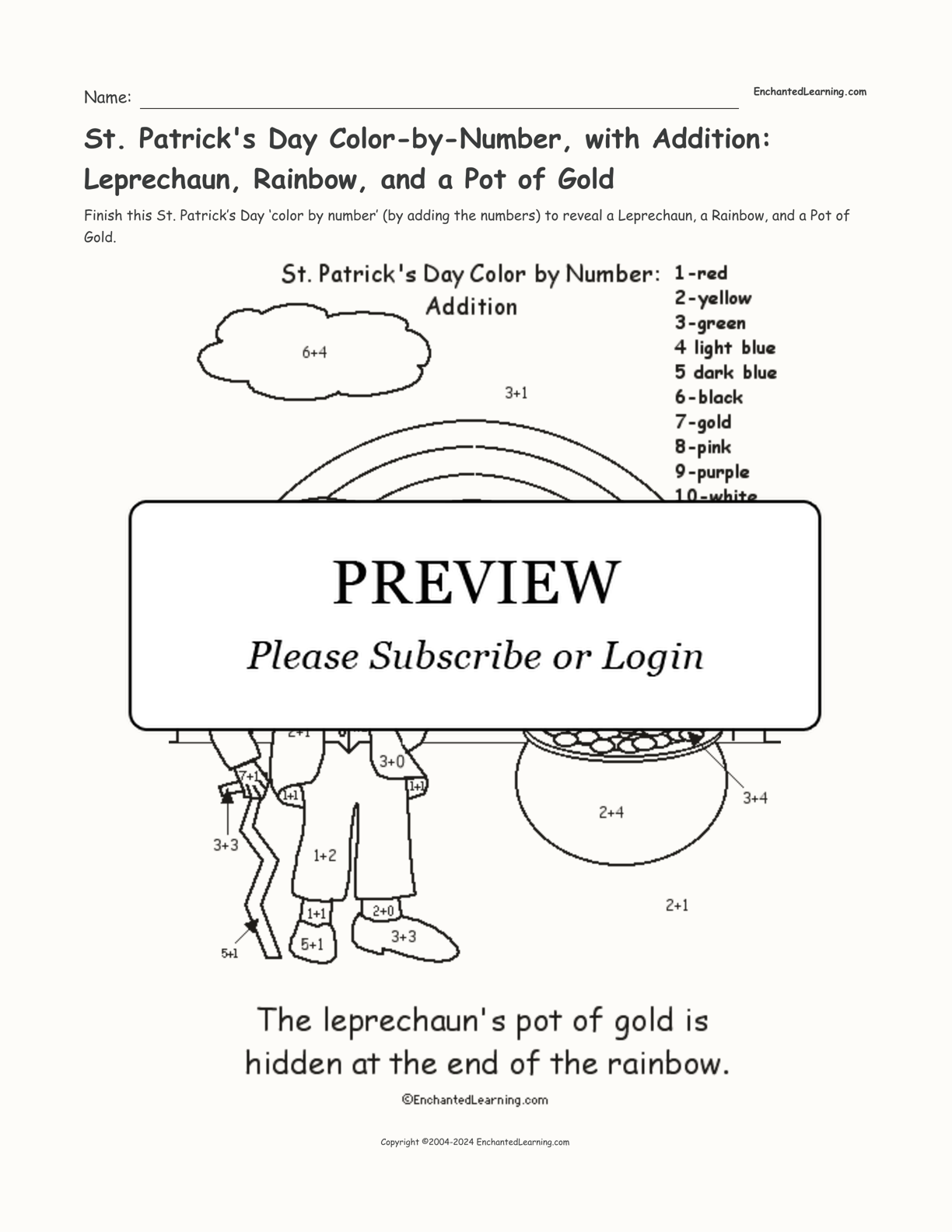 St. Patrick's Day Color-by-Number, with Addition: Leprechaun, Rainbow, and a Pot of Gold interactive printout page 1