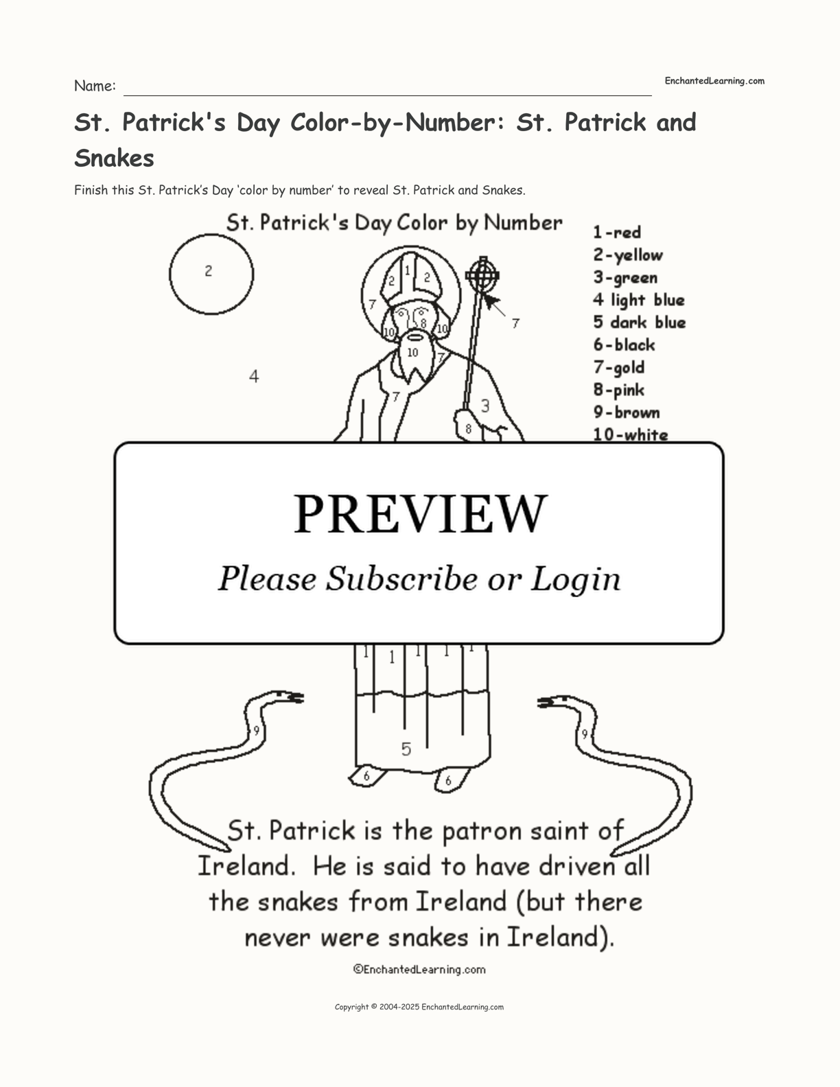 St. Patrick's Day Color-by-Number: St. Patrick and Snakes interactive printout page 1