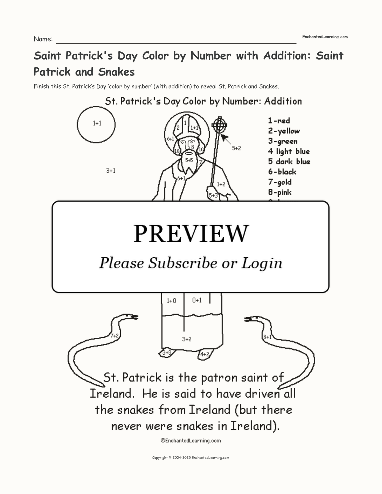 Saint Patrick's Day Color by Number with Addition: Saint Patrick and Snakes interactive printout page 1