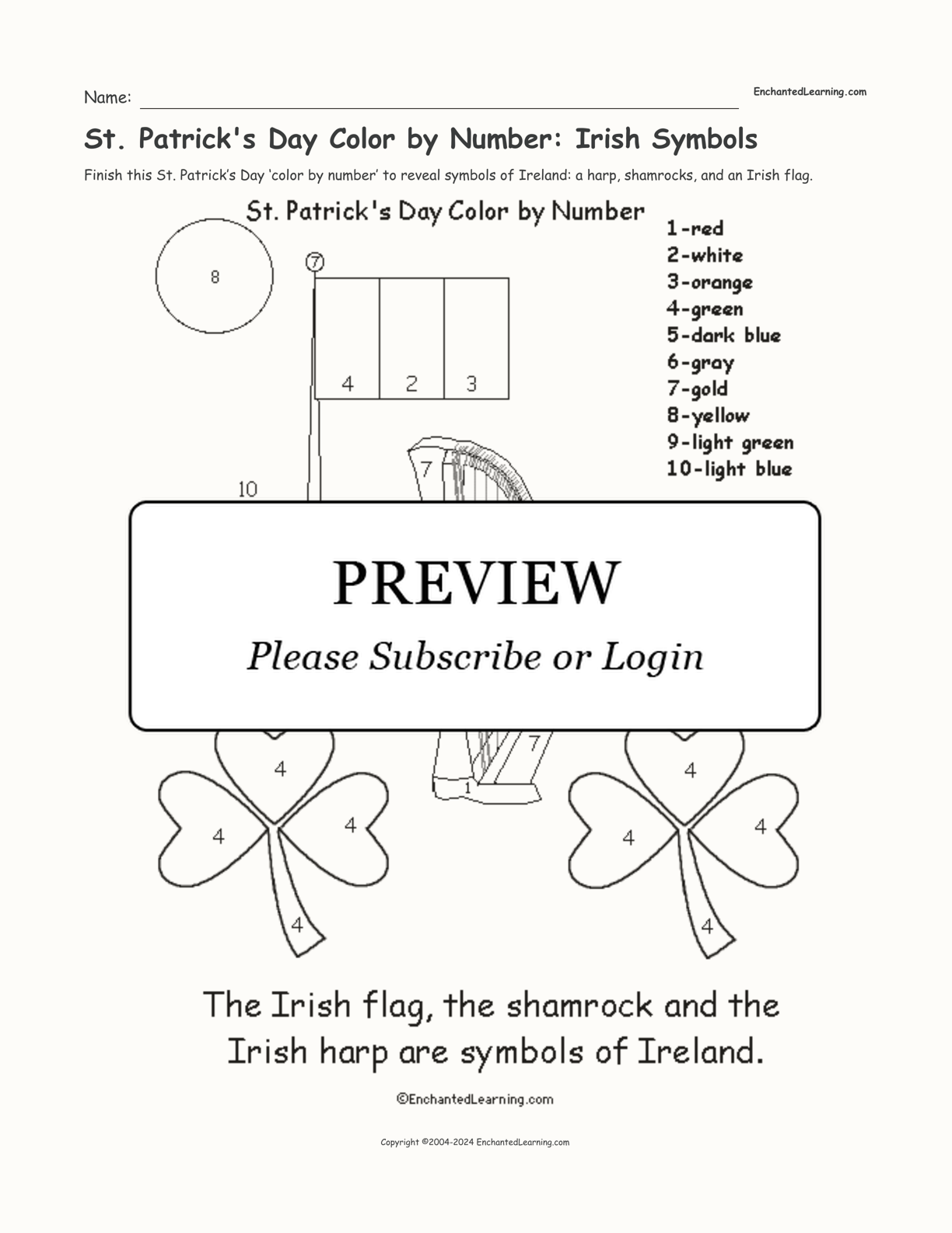 St. Patrick's Day Color by Number: Irish Symbols interactive printout page 1
