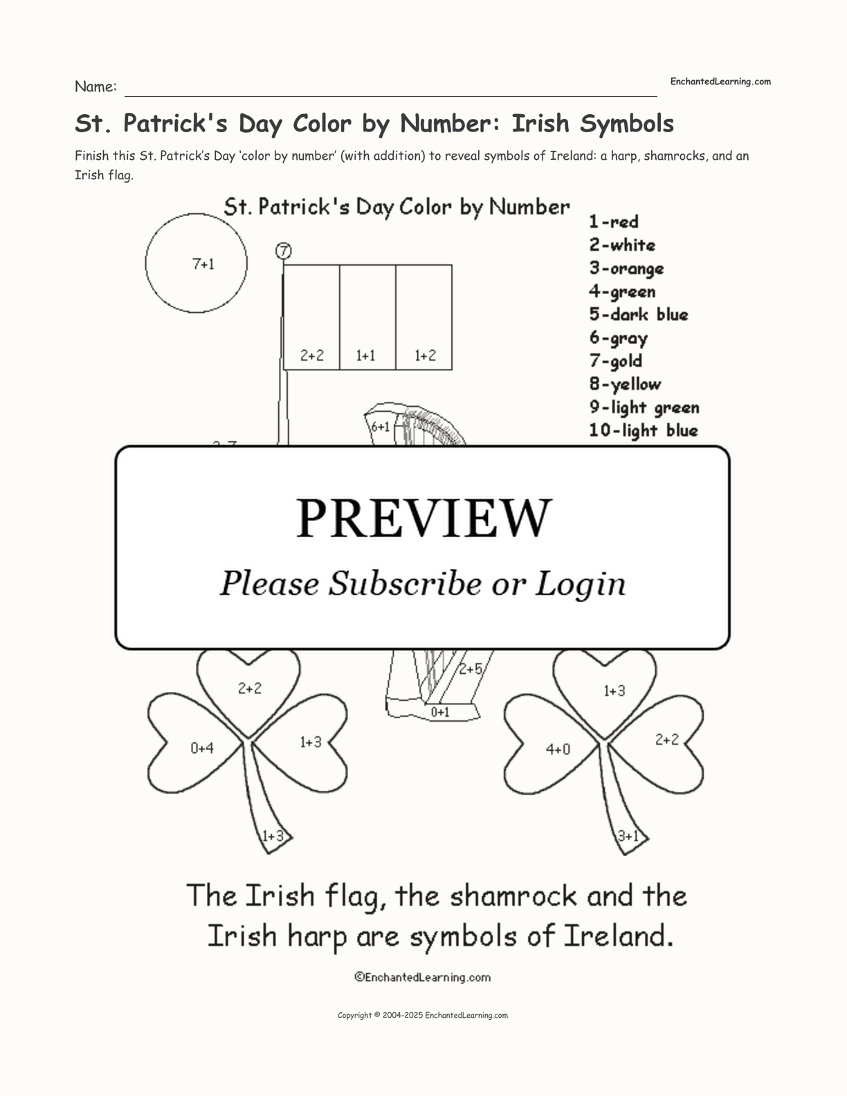 St. Patrick's Day Color by Number: Irish Symbols interactive printout page 1