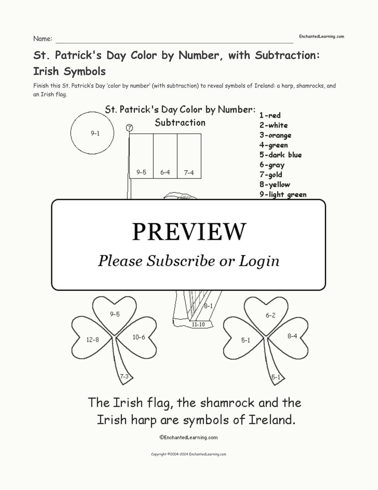 St. Patrick's Day Color by Number, with Subtraction: Irish Symbols interactive printout page 1
