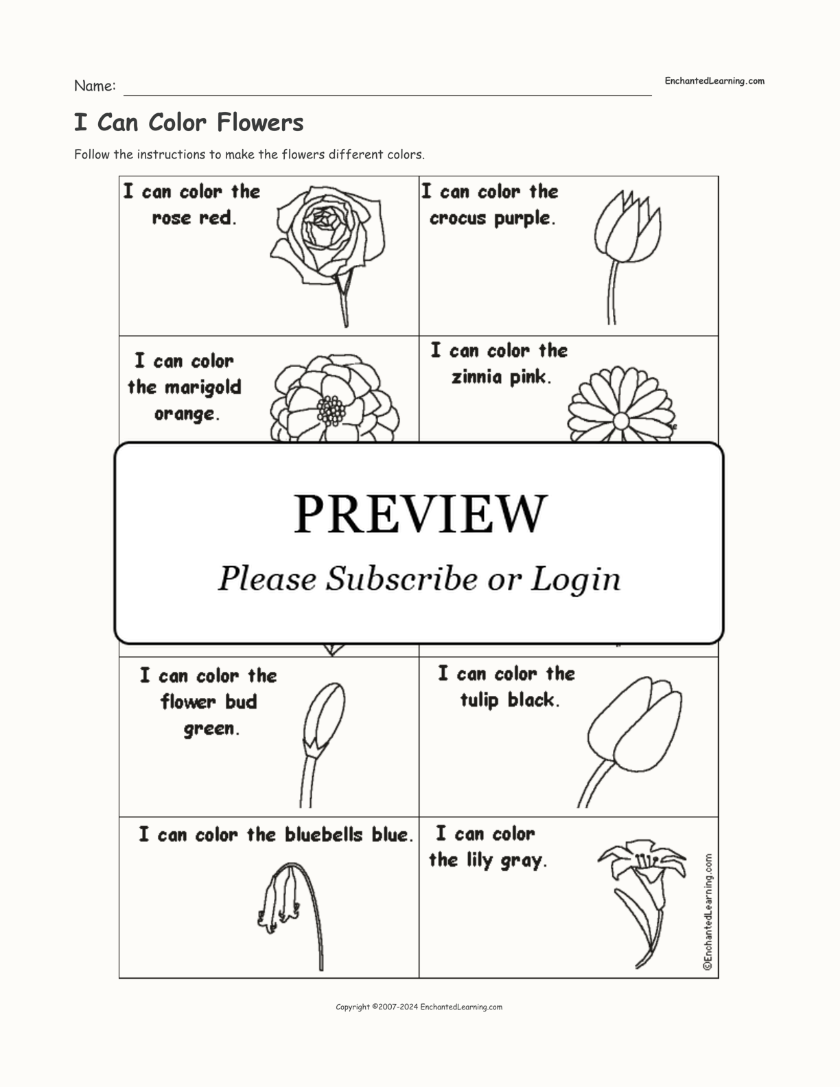 I Can Color Flowers interactive worksheet page 1